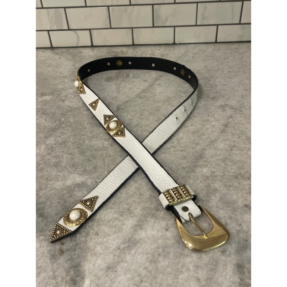 Leatherock Leather Belt Womens 32 White Embellished Studs Gold Hardware Western
